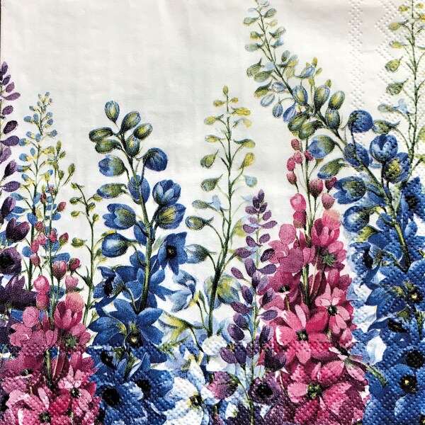 Decoupage Napkin, 5" x 5", Beautiful Delphiniums, Scrapbooking, Decoupage Napkins, Collage Paper,  Tissue Paper, C476