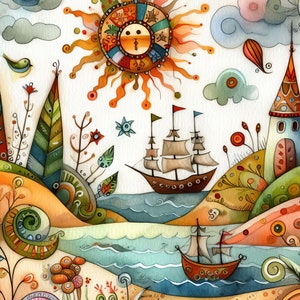 Pu&ograve; includere: Un dipinto ad acquerello di un paesaggio marino fantasioso con un sole, due navi, una torre e fiori e piante colorati. Il sole &egrave; di un arancione brillante con un viso e un buco della serratura. Le navi navigano su un mare blu con onde bianche. La torre &egrave; alta e bianca con un tetto blu. I fiori e le piante sono in varie tonalit&agrave; di verde, rosso, arancione e giallo.