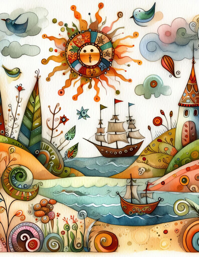 Pu&ograve; includere: Un dipinto ad acquerello di un paesaggio marino fantasioso con un sole, due navi, una torre e fiori e piante colorati. Il sole &egrave; di un arancione brillante con un viso e un buco della serratura. Le navi navigano su un mare blu con onde bianche. La torre &egrave; alta e bianca con un tetto blu. I fiori e le piante sono in varie tonalit&agrave; di verde, rosso, arancione e giallo.
