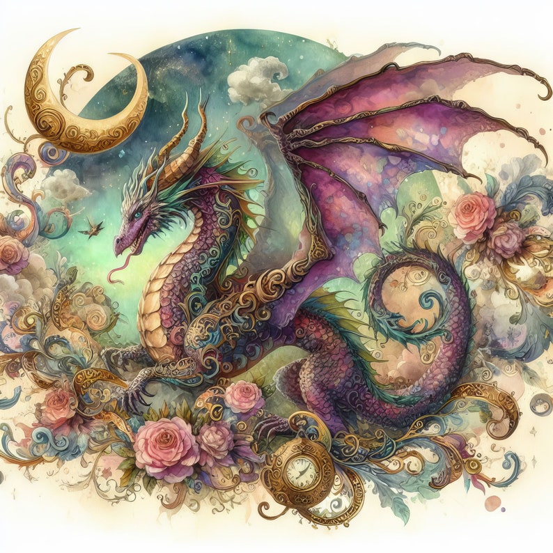 May include: A purple and green dragon with gold accents is curled around a pocket watch. The dragon is surrounded by flowers and vines, and the background is a watercolor wash of blue and green.