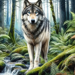May include: A gray wolf with blue eyes stands in a lush green forest with ferns and a small stream. The wolf is looking directly at the viewer.