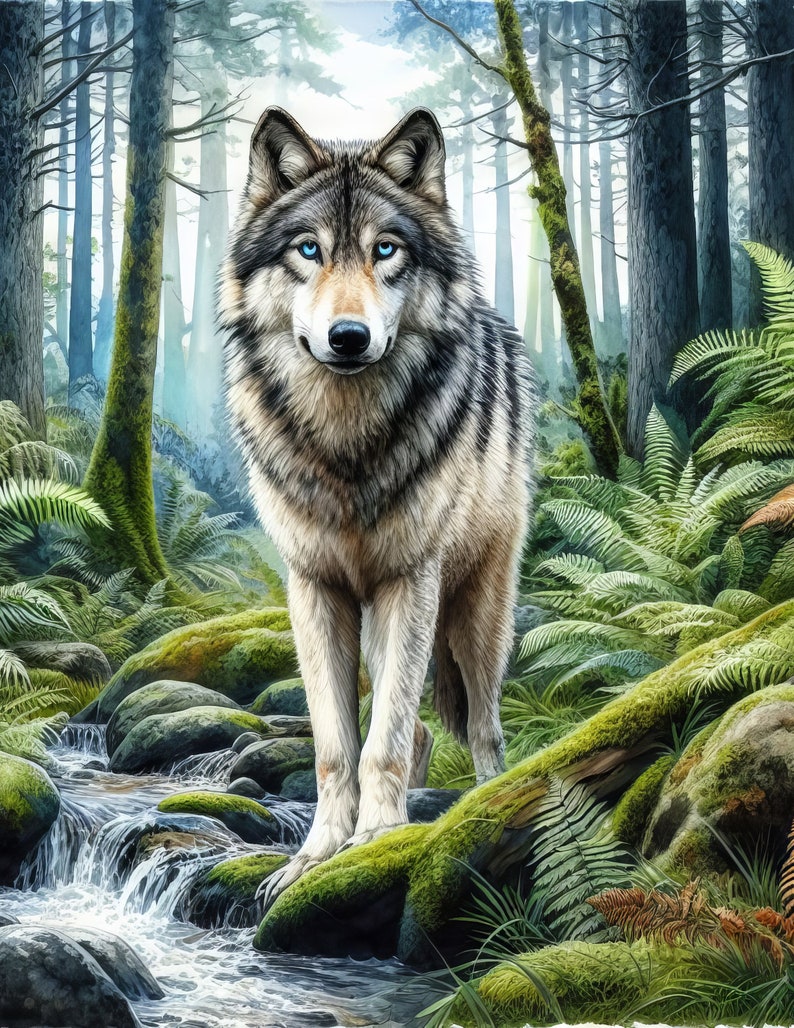 May include: A gray wolf with blue eyes stands in a lush green forest with ferns and a small stream. The wolf is looking directly at the viewer.