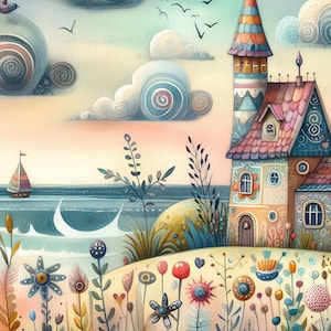 Pu&ograve; includere: Un'illustrazione fantasiosa di una casa colorata a pi&ugrave; piani con un tetto a punta e una bandiera in cima. La casa &egrave; situata su una collina erbosa che si affaccia su un mare blu con una barca a vela in lontananza. Il cielo &egrave; di un azzurro tenue con nuvole soffici e alcuni uccelli che volano sopra. La scena &egrave; piena di fiori e piante vibranti in tonalit&agrave; di rosa, viola, giallo e verde.