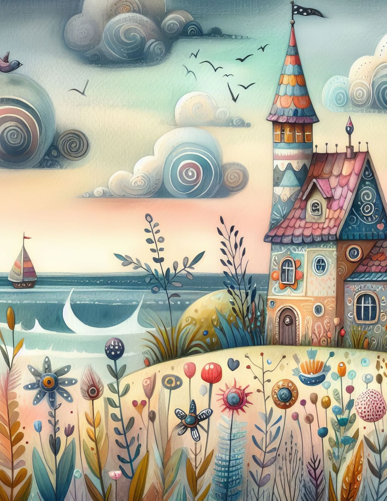 Pu&ograve; includere: Un'illustrazione fantasiosa di una casa colorata a pi&ugrave; piani con un tetto a punta e una bandiera in cima. La casa &egrave; situata su una collina erbosa che si affaccia su un mare blu con una barca a vela in lontananza. Il cielo &egrave; di un azzurro tenue con nuvole soffici e alcuni uccelli che volano sopra. La scena &egrave; piena di fiori e piante vibranti in tonalit&agrave; di rosa, viola, giallo e verde.