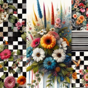 42枚の画像 花とチェック柄のコラージュ画像 デジタルアート 印刷可能 インスタントデジタルダウンロード スクラップブック ジャーナリング カード作り