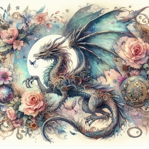 May include: A watercolor painting of a blue and green dragon with intricate details. The dragon is surrounded by flowers and other floral elements, including roses, butterflies, and vines. The background is a soft, light blue.