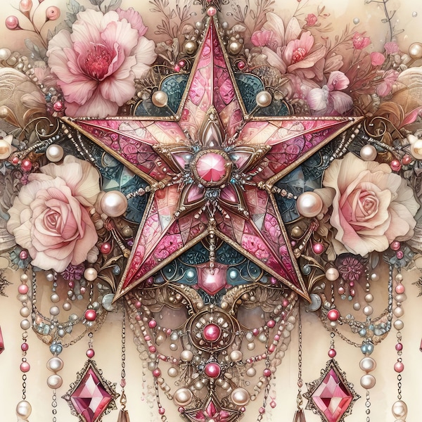 Kit digitale 48 immagini Boho Pink Star Kit stampabile arte digitale Download digitale istantaneo Fancy Star Vintage Digitals