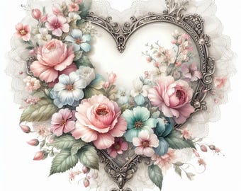 May include: A heart-shaped floral arrangement featuring a silver filigree frame and a delicate lace border. The arrangement includes pink, blue, and white flowers with green leaves. The overall design is soft and romantic, with a vintage aesthetic.