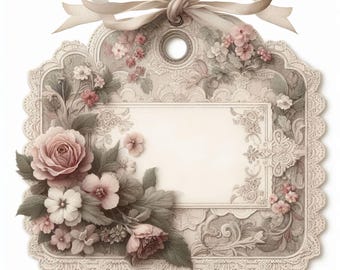 May include: A vintage-style gift tag with a cream-colored background, adorned with a delicate lace border and floral embellishments in shades of pink and white. A cream-colored ribbon is tied at the top.