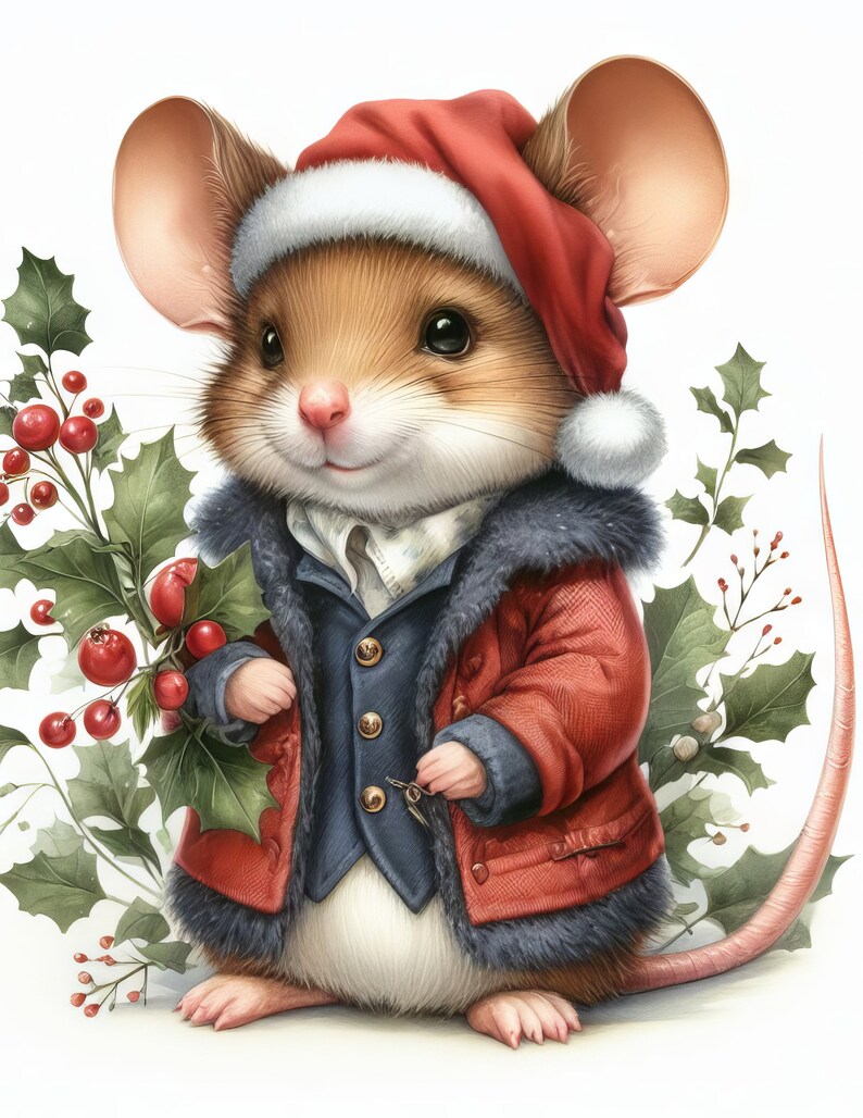 May include: A charming illustration of a mouse dressed for the holidays. The mouse wears a red coat with a fur collar, a blue vest, and a Santa hat. Holly and berries surround the mouse, creating a festive Christmas theme.