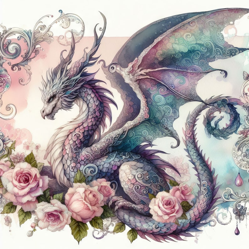 May include: A watercolor painting of a purple and blue dragon with intricate details. The dragon is surrounded by pink roses and other floral elements.