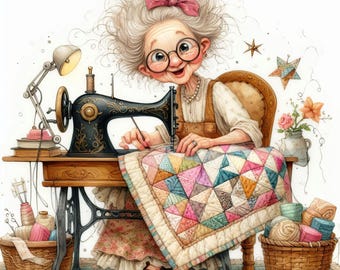 May include: Illustration of a smiling elderly woman with glasses sewing a quilt on a vintage black sewing machine. The quilt is made of colorful geometric shapes. Baskets of yarn and sewing supplies surround her.
