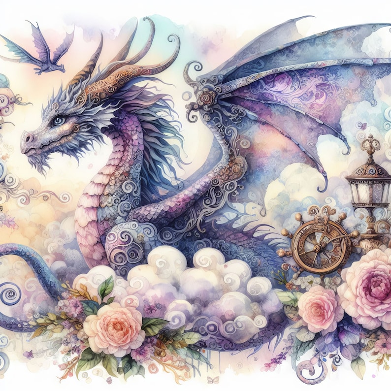 May include: A watercolor painting of a purple and pink dragon with intricate details, flying through the clouds. The dragon has a large wingspan and is surrounded by flowers and a vintage-style compass.