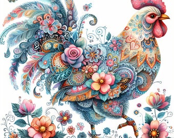 May include: A colorful rooster with a blue, green, and red patterned design. The rooster is surrounded by flowers in shades of pink, red, and yellow.