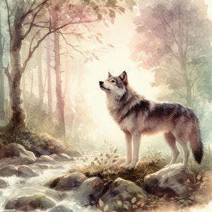 May include: A watercolor painting of a wolf standing in a forest. The wolf is looking up at the sky, and the forest is filled with trees and a stream. The painting is done in soft, muted colors, and the wolf is the focal point of the image.