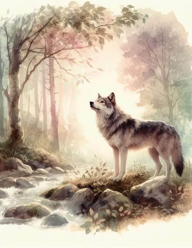 May include: A watercolor painting of a wolf standing in a forest. The wolf is looking up at the sky, and the forest is filled with trees and a stream. The painting is done in soft, muted colors, and the wolf is the focal point of the image.