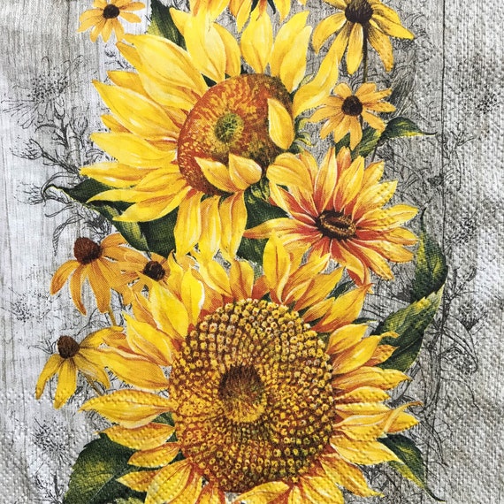 Decoupage Napkins, 5 x 5, Sunflowers on Fence Napkin, Guest Napkin,  Sunflower Napkin, Collage Paper, Decoupage Napkin, c538