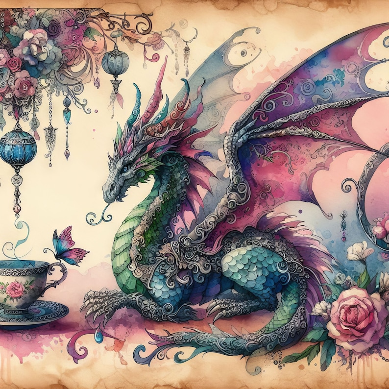 May include: A green and blue dragon with pink and purple wings sits on a floral background. The dragon has intricate details and is surrounded by flowers and vines.