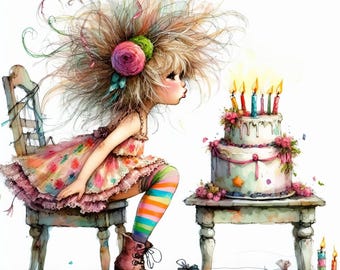 May include: A whimsical illustration of a girl blowing out candles on a birthday cake. She wears a floral dress, striped socks, and pink boots. The cake is decorated with flowers and candles, and sits on a small table. The girl has large hair and is sitting on a wooden chair.