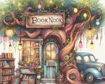 May include: A whimsical bookstore built into a tree trunk with a sign that reads "Book Nook". The store has a wooden door, shelves full of books, and a window with a view of the forest. There are lights strung around the tree and a vintage car parked outside.