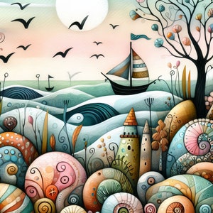 Pu&ograve; includere: Un'illustrazione fantasiosa di un paesaggio marino con una barca a vela, una luna piena e un albero con foglie colorate. In primo piano, una collezione di forme organiche astratte e colorate che ricordano rocce o conchiglie.