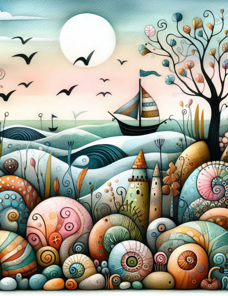 Pu&ograve; includere: Un'illustrazione fantasiosa di un paesaggio marino con una barca a vela, una luna piena e un albero con foglie colorate. In primo piano, una collezione di forme organiche astratte e colorate che ricordano rocce o conchiglie.