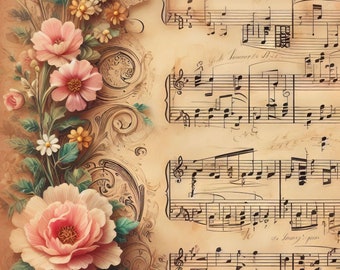 55 afbeeldingen bladmuziek en bloemen: directe digitale download, scrapbooking, journaling, kaarten maken, vintage digitale foto's, digitale kunst