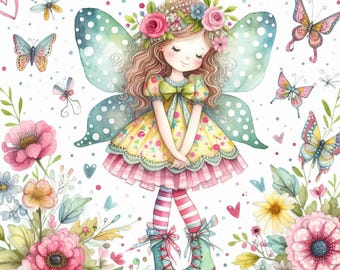 Può includere: Illustrazione ad acquerello di una fatina con fiori e farfalle. Indossa un vestito giallo, una gonna rosa, calzini a righe e stivali turchesi. L'immagine presenta un bordo decorativo e un tema floreale stravagante.