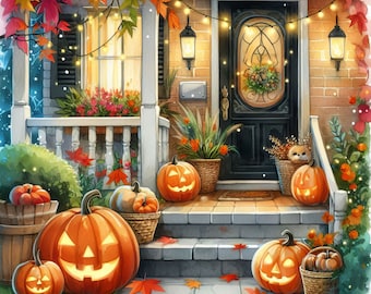 May include: Watercolor illustration of a house decorated for Halloween. The porch features carved pumpkins with glowing faces, baskets of gourds, and autumn leaves. String lights and fall foliage adorn the entrance, creating a festive atmosphere.