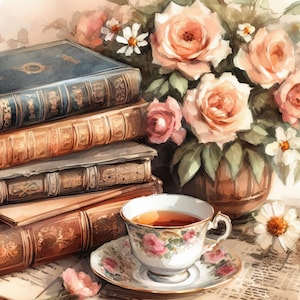 Può includere: Un dipinto ad acquerello di una natura morta con una pila di libri antichi, una delicata tazza da tè e piattino, e un mazzo di rose rosa in un vaso di ceramica marrone. La scena è ambientata su un giornale vintage con un solo petalo di rosa rosa sul tavolo.