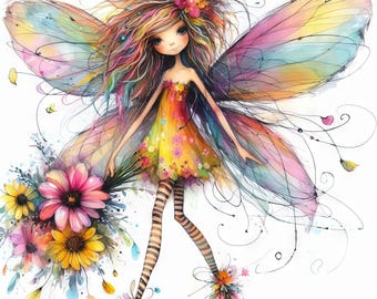 May include: A watercolor illustration of a fairy with rainbow wings and hair, wearing a yellow and orange floral dress and striped leggings. She holds a bouquet of pink, yellow, and purple flowers. The fairy is adorned with floral accents.