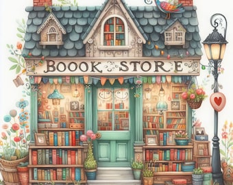 70 Whimsical Book Store Images Digital Art Printable Kit Instant ...