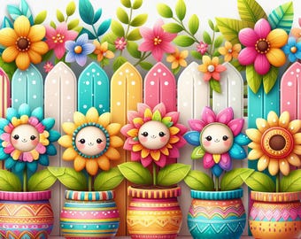 May include: A colorful illustration of a garden scene with a white picket fence and smiling flower pots. The flowers have smiling faces and are in pots with colorful patterns. The fence has alternating colors of white, blue, yellow, and pink.