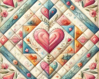 May include: A quilted square with a heart-themed design. The quilt features a large pink heart in the center, surrounded by smaller hearts, flowers, and butterflies. The color palette includes pink, blue, orange, and cream, with floral and vine accents.