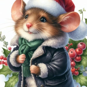 May include: A charming illustration of a mouse dressed for the holidays. The mouse wears a red Santa hat with white trim, a dark blue coat with a white fur collar, and a green scarf. Holly and red berries surround the mouse.