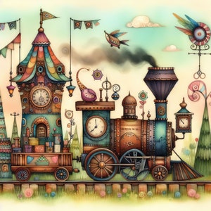 60 imágenes de trenes caprichosos, kit de arte digital imprimible, descarga digital instantánea, scrapbooking, tarjetas, manualidades, papel, fantasía