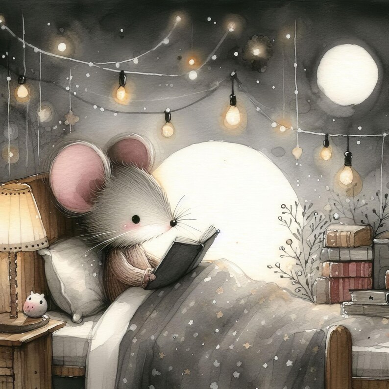 Op de afbeelding: Een aquarel-illustratie van een grijze muis in bed die een boek leest. De muis draagt een bruine trui en is omringd door lichtslingers en een volle maan.