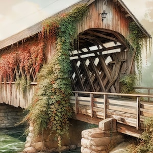 Puede incluir: Un puente cubierto de madera con un aspecto rústico y desgastado, cubierto de hiedra verde y roja. El puente cruza un pequeño río con un tronco en el agua. El puente tiene una barandilla de madera y una base de piedra.