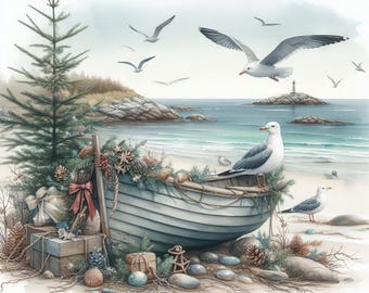 May include: Watercolor painting of a coastal scene with a small boat decorated with pine boughs, cones, and a red bow. A Christmas tree stands nearby, with gifts and a lighthouse in the distance. Several seagulls are flying over the water.