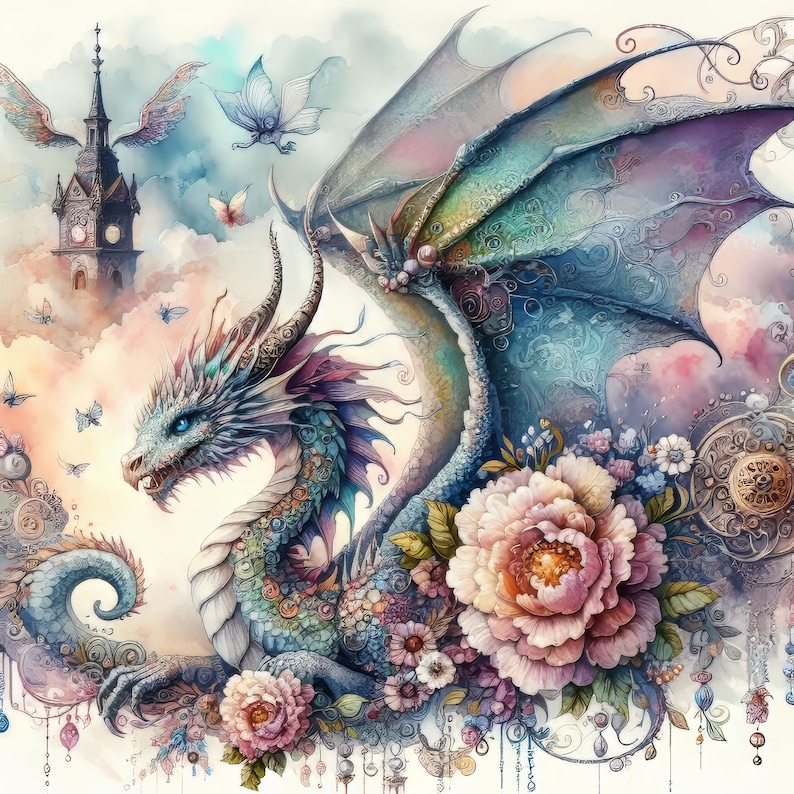 May include: A watercolor painting of a blue and green dragon with intricate details. The dragon is surrounded by flowers and vines, and there is a clock tower in the background.