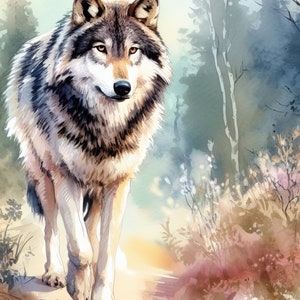 May include: A watercolor painting of a gray wolf walking through a forest. The wolf is in the foreground, and the forest is in the background. The wolf is looking at the viewer.
