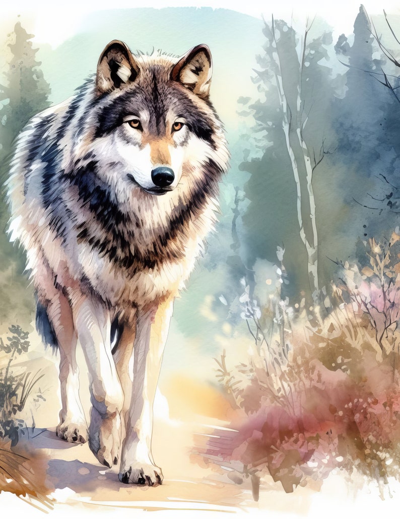 May include: A watercolor painting of a gray wolf walking through a forest. The wolf is in the foreground, and the forest is in the background. The wolf is looking at the viewer.