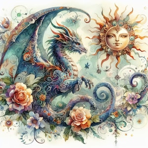 May include: A blue and purple dragon with intricate details is surrounded by flowers and vines. The dragon has a long tail and wings, and its eyes are open. The sun is shining in the background.