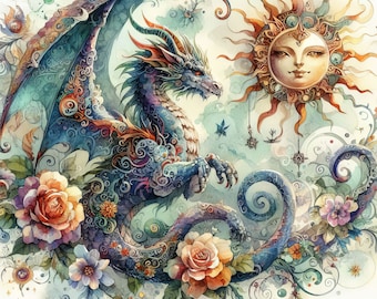 May include: A blue and purple dragon with intricate details is surrounded by flowers and vines. The dragon has a long tail and wings, and its eyes are open. The sun is shining in the background.