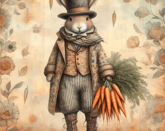 May include: An anthropomorphic rabbit wearing a top hat, coat, vest, and striped pants, holding a bundle of carrots. The rabbit is depicted in a vintage style with a neutral color palette, with carrots and floral accents.