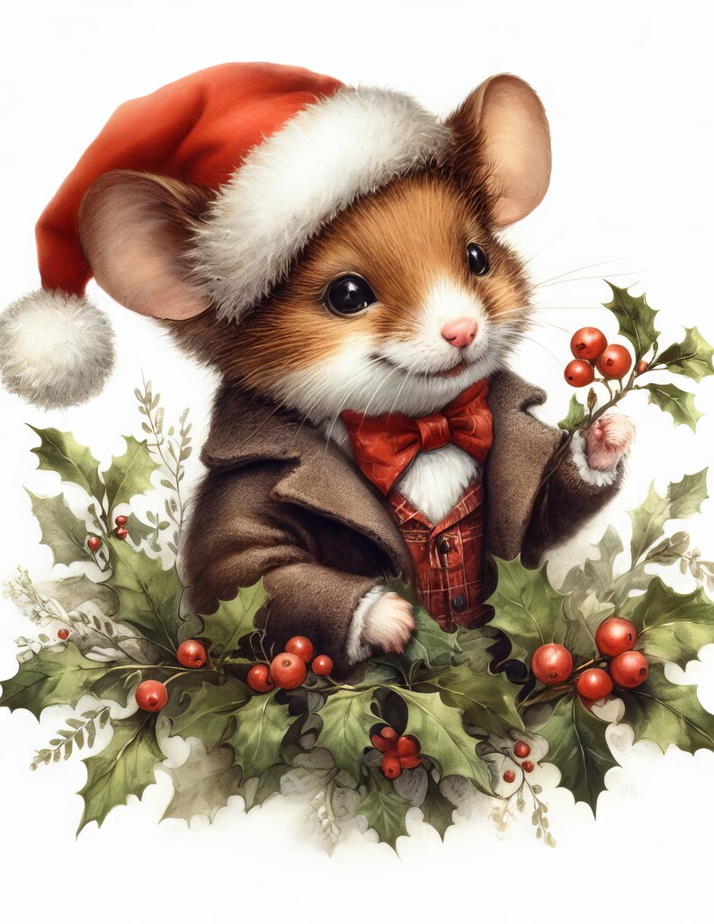 May include: A charming illustration of a mouse wearing a Santa hat and a brown coat with a red bow tie. The mouse holds a sprig of holly with red berries, surrounded by a wreath of holly leaves and berries, perfect for Christmas.