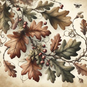 May include: An illustration of oak leaves and berries in shades of brown, green, and red. The leaves are detailed with visible veins and are arranged on branches with small red berries. A butterfly is also present.
