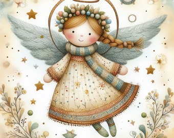 May include: A watercolor illustration of a cute angel with a halo, wings, and a floral crown. The angel is wearing a white dress with a blue and white striped scarf. The background is a light brown with stars and other decorative elements.