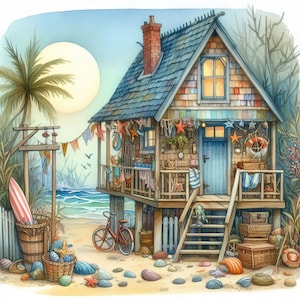 60 imagens Kit digital de imagens de casa de praia caprichosa Kit de arte digital para impressão Download digital instantâneo Scrapbooking Diário Criação de cartões