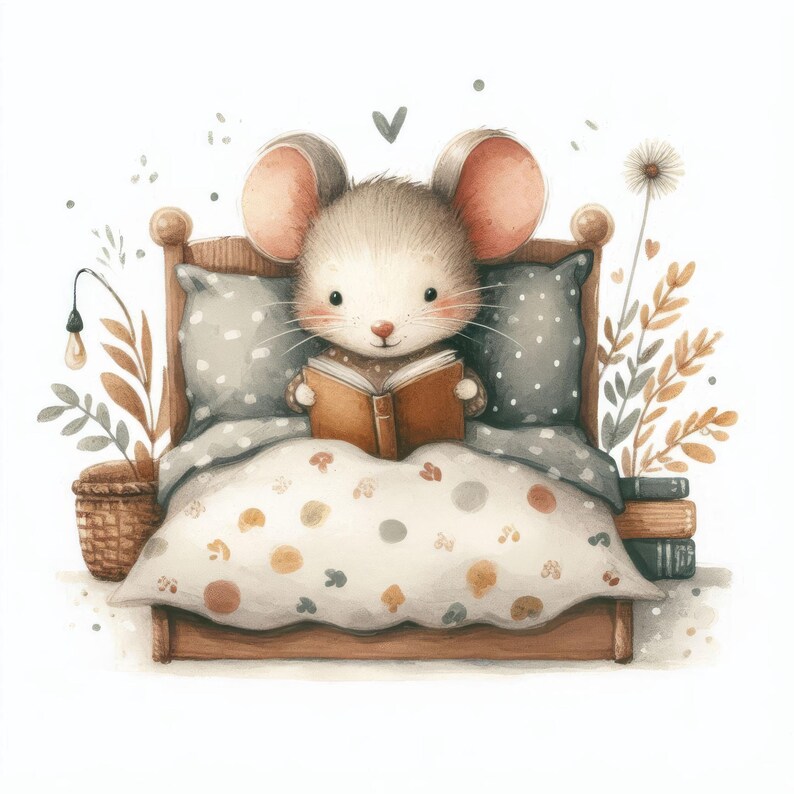 Op de afbeelding: Een schattige bruine en witte muis met een roze neus die in een houten bed zit met een bruin en wit gestreept dekbed, een boek aan het lezen. Het bed heeft een grijs en wit gestreept kussen en is omringd door groene en bruine planten.